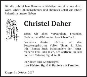 Traueranzeige von Christel Daher von Märkische Oderzeitung