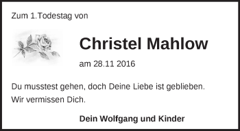 Traueranzeige von Christel Mahlow von Märkische Oderzeitung