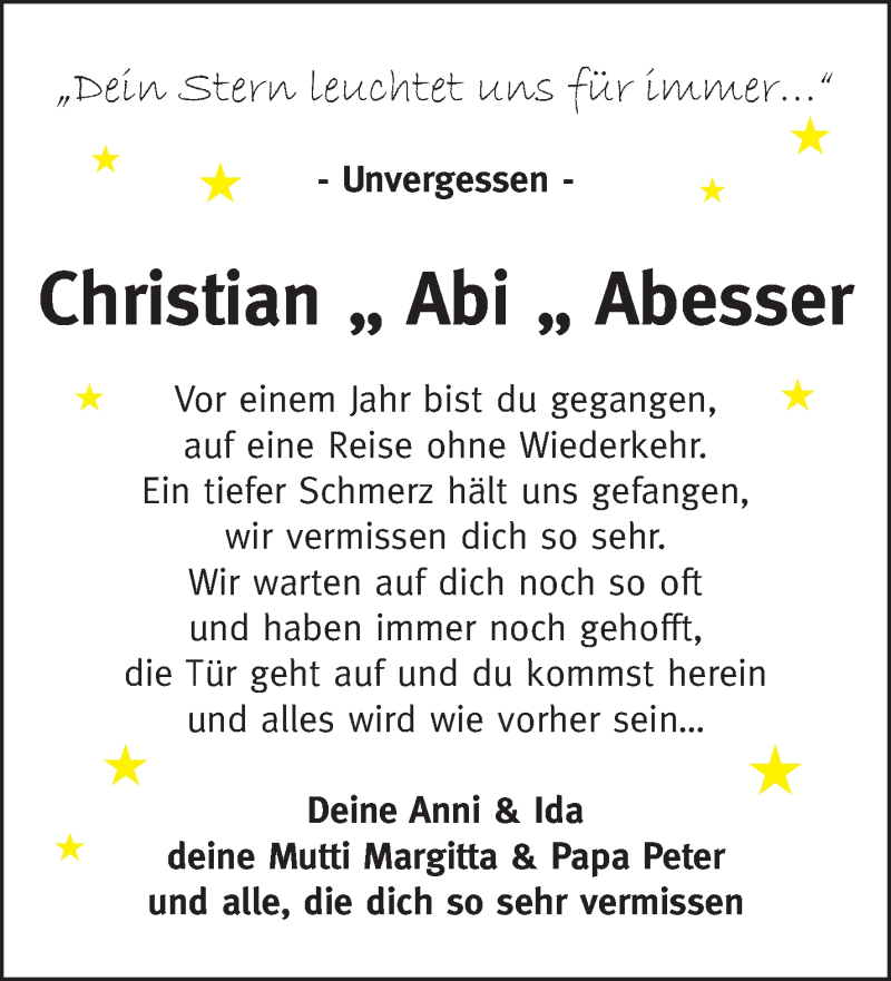  Traueranzeige für Christian Abesser vom 01.11.2017 aus Märkische Oderzeitung