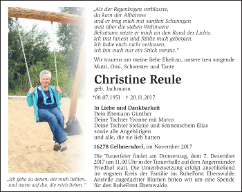 Traueranzeige von Christine Reule von Märkische Oderzeitung