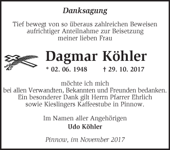 Traueranzeige von Dagmar Köhler von Märkische Oderzeitung