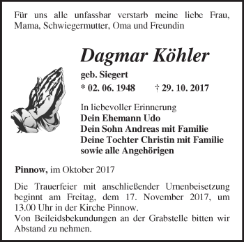 Traueranzeige von Dagmar Köhler von Märkische Oderzeitung