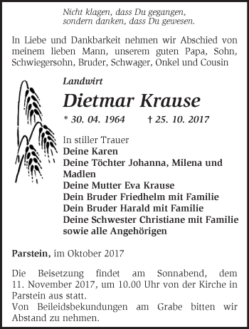 Traueranzeige von Dietmar Krause von Märkische Oderzeitung