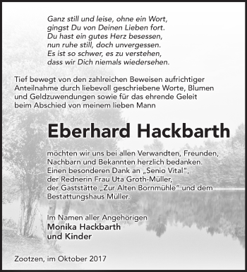 Traueranzeige von Eberhard Hackbarth von Märkische Oderzeitung