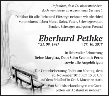 Traueranzeige von Eberhard Pethke von Märkische Oderzeitung