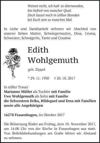 Traueranzeige von Edith Wohlgemuth von Märkische Oderzeitung