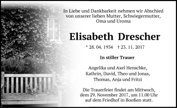 Traueranzeige von Elisabeth Drescher von Märkische Oderzeitung