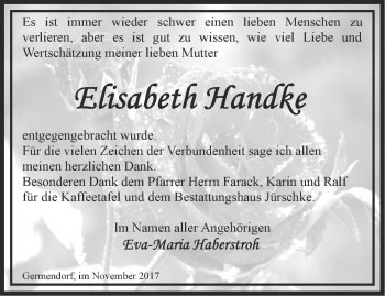 Traueranzeige von Elisabeth Handke von Märkische Oderzeitung