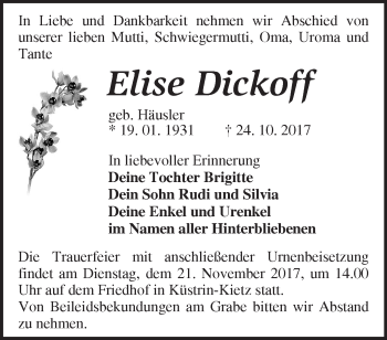 Traueranzeige von Elise Dickoff von Märkische Oderzeitung