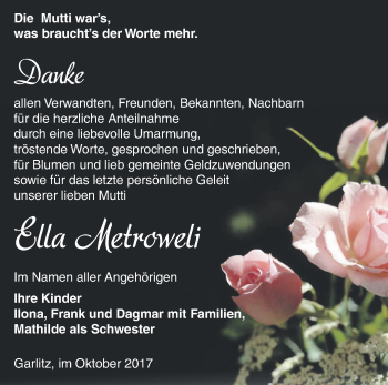 Traueranzeige von Ella Metroweli von Märkische Oderzeitung