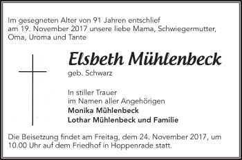 Traueranzeige von Elsbeth Mühlenbeck von Märkische Oderzeitung