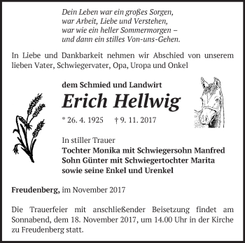 Traueranzeige von Erich Hellwig von Märkische Oderzeitung