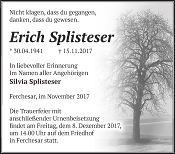 Traueranzeige von Erich Splisteser von Märkische Oderzeitung