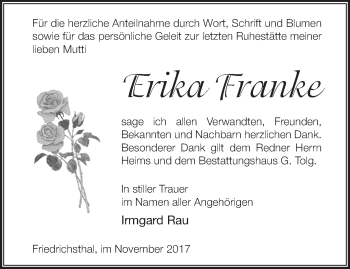 Traueranzeige von Erika Franke von Märkische Oderzeitung