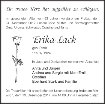 Traueranzeige von Erika Lack von Märkische Oderzeitung