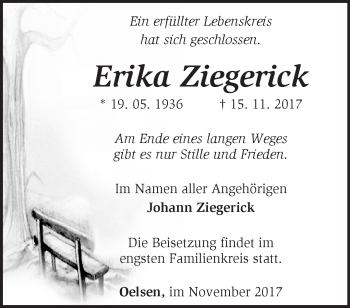 Traueranzeige von Erika Ziegerick von Märkische Oderzeitung