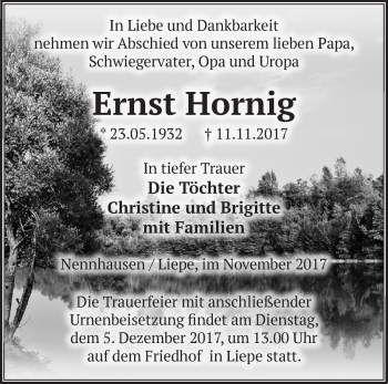 Traueranzeige von Ernst Hornig von Märkische Oderzeitung