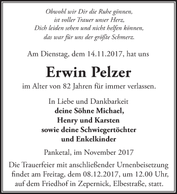 Traueranzeige von Erwin Pelzer von Märkische Oderzeitung