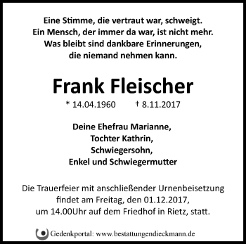 Traueranzeige von Frank Fleischer von Märkische Oderzeitung