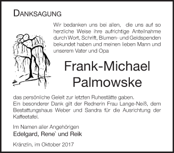 Traueranzeige von Frank-Michael Palmowske von Märkische Oderzeitung