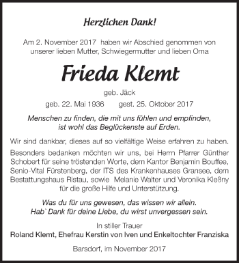 Traueranzeige von Frieda Klemt von Märkische Oderzeitung