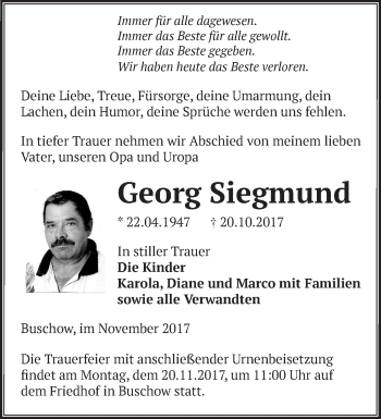 Traueranzeige von Georg Siegmund von Märkische Oderzeitung