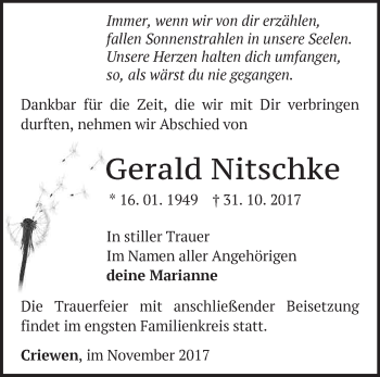 Traueranzeige von Gerald Nitschke von Märkische Oderzeitung