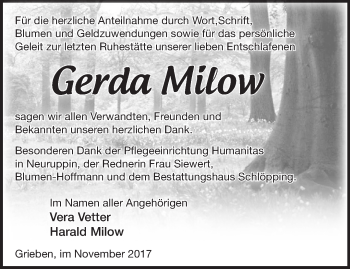 Traueranzeige von Gerda Milow von Märkische Oderzeitung