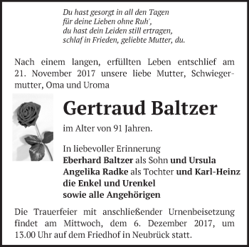 Traueranzeige von Gertraud Baltzer von Märkische Oderzeitung