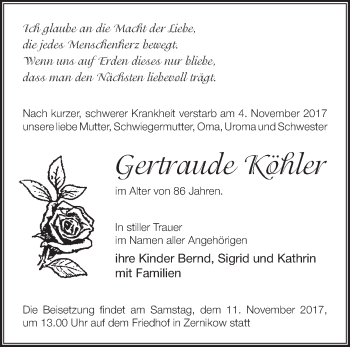 Traueranzeige von Gertraude Köhler von Märkische Oderzeitung