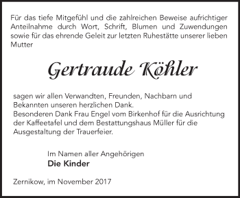 Traueranzeige von Gertraude Köhler von Märkische Oderzeitung