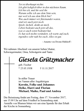 Traueranzeige von Giesela Grützmacher von Märkische Oderzeitung