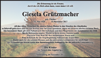 Traueranzeige von Giesela Grützmacher von Märkische Oderzeitung