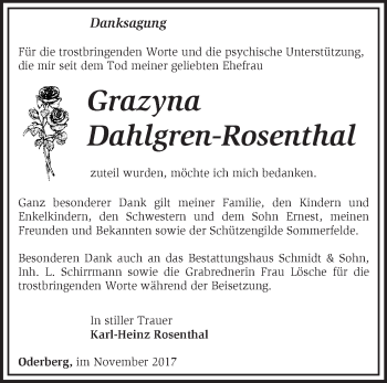 Traueranzeige von Grazyna Dahlgren-Rosenthal von Märkische Oderzeitung