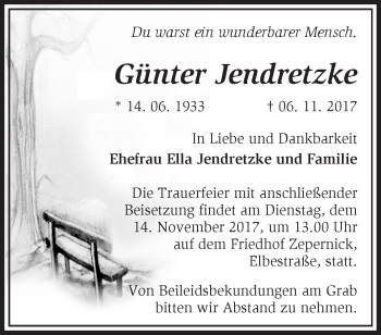 Traueranzeige von Günter Jendretzke von Märkische Oderzeitung