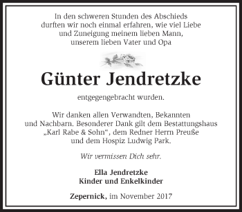 Traueranzeige von Günter Jendretzke von Märkische Oderzeitung