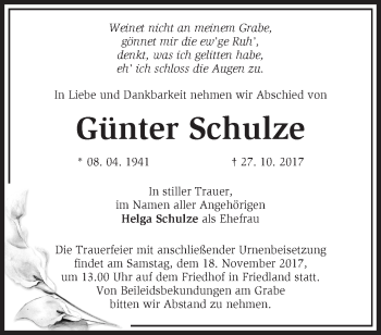 Traueranzeige von Günter Schulze von Märkische Oderzeitung