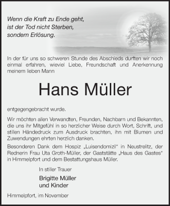 Traueranzeige von Hans Müller von Märkische Oderzeitung