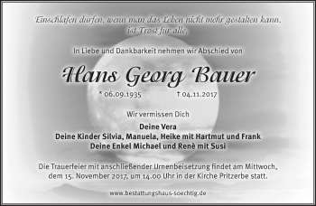 Traueranzeige von Hans Georg Bauer von Märkische Oderzeitung