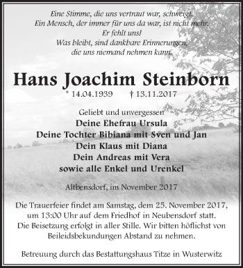 Traueranzeige von Hans Joachim Steinborn von Märkische Oderzeitung