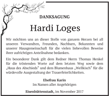 Traueranzeige von Hardi Loges von Märkische Oderzeitung