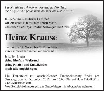 Traueranzeige von Heinz Krause von Märkische Oderzeitung