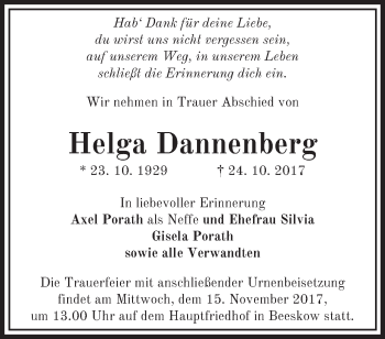 Traueranzeige von Helga Dannenberg von Märkische Oderzeitung