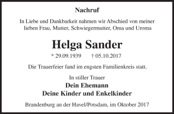 Traueranzeige von Helga Sander von Märkische Oderzeitung