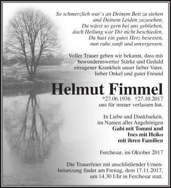 Traueranzeige von Helmut Fimmel von Märkische Oderzeitung