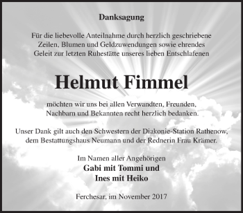 Traueranzeige von Helmut Fimmel von Märkische Oderzeitung