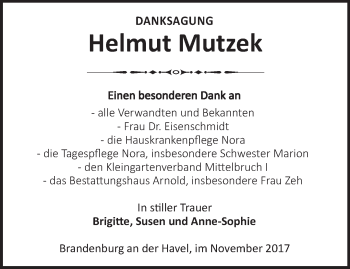 Traueranzeige von Helmut Mutzek von Märkische Oderzeitung