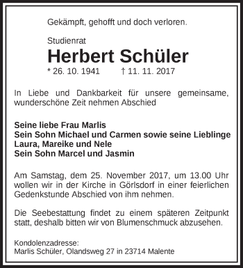 Traueranzeige von Herbert Schüler von Märkische Oderzeitung