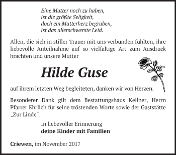 Traueranzeige von Hilde Guse von Märkische Oderzeitung