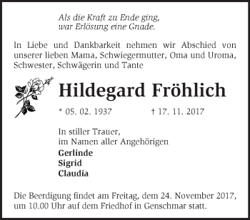 Traueranzeige von Hildegard Fröhlich von Märkische Oderzeitung